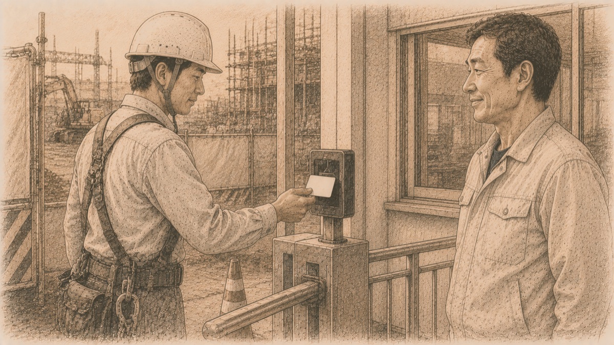 建設現場の入口でICカードをかざす職人のイメージ図