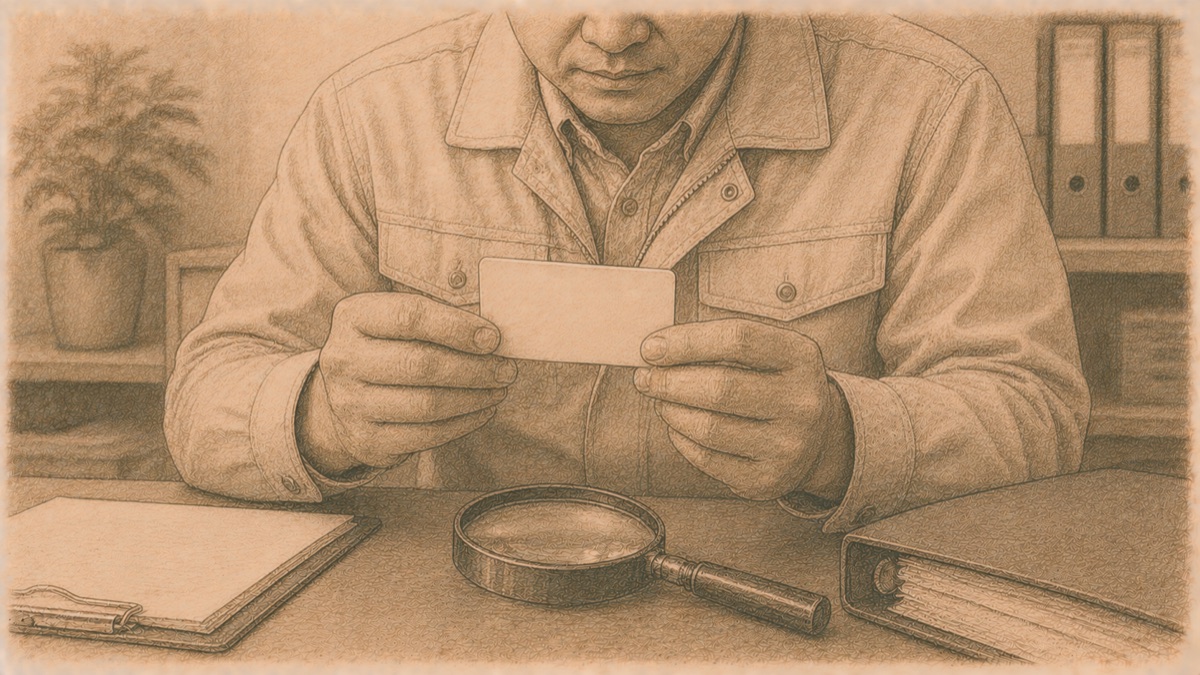 在留カードを丁寧に確認する社長の手元のイメージ図
