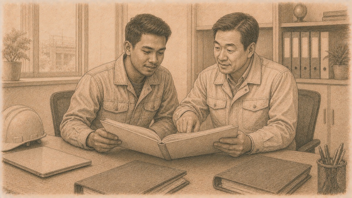 外国人職人と社長が就業規則の冊子を一緒に読むイメージ図