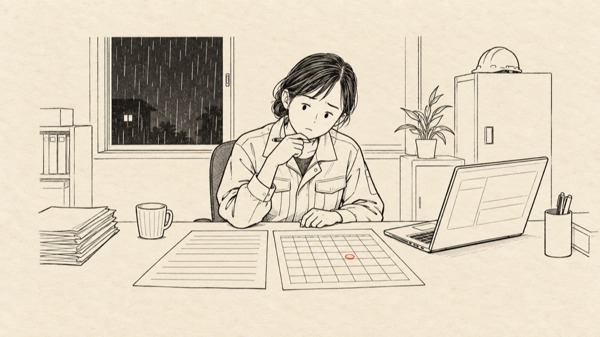日給を上げた職人の給与明細と出面表を見比べる事務担当者のイメージ図