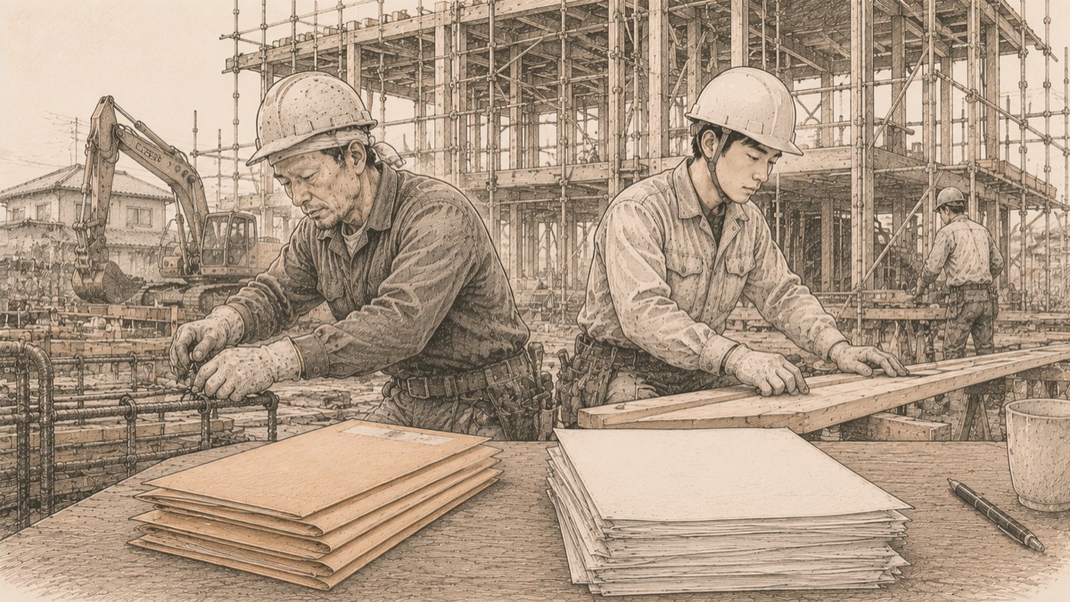 一人親方と常用従業員が混在する現場と二種類の契約書類のイメージ図