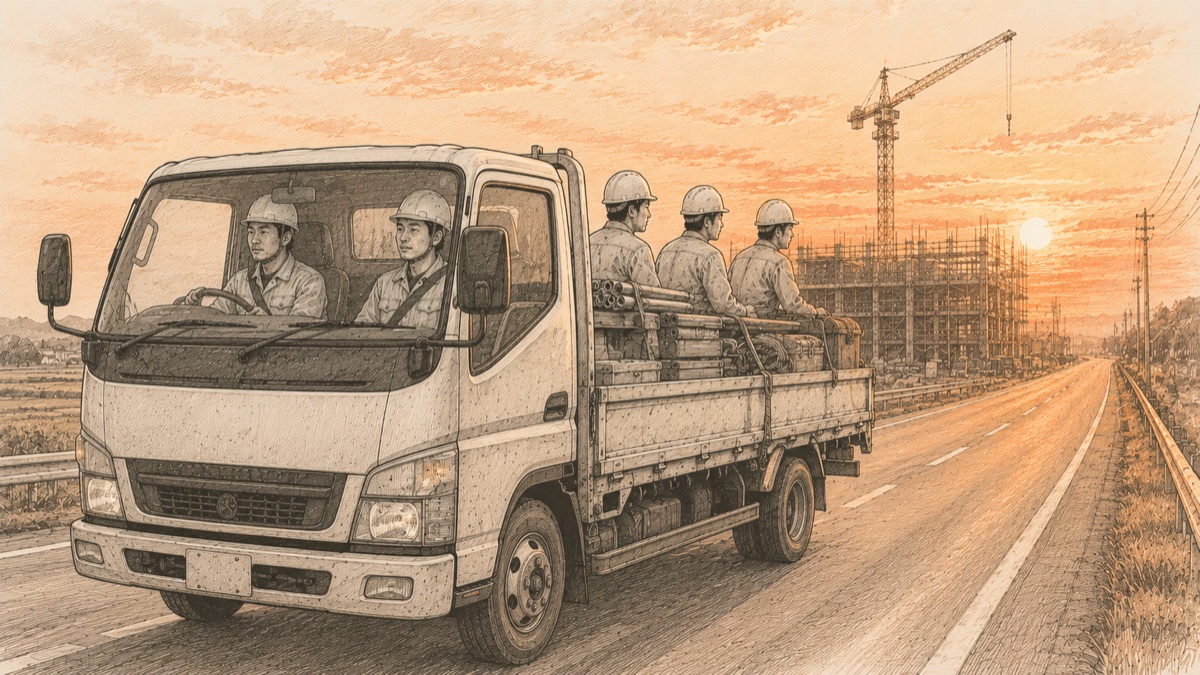 朝焼けの道を現場へ向かう建設会社のトラックのイメージ図