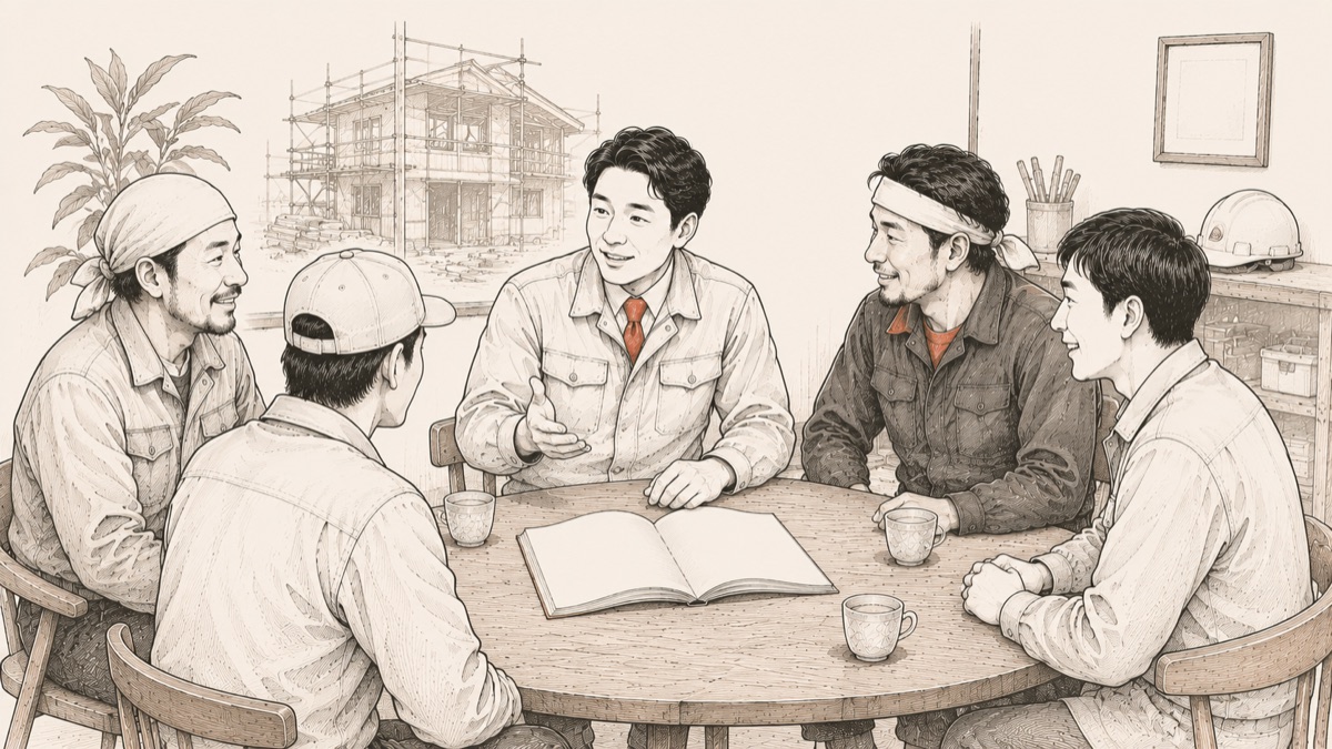 小さな工務店で社長と職人が就業規則について語り合うイメージ図