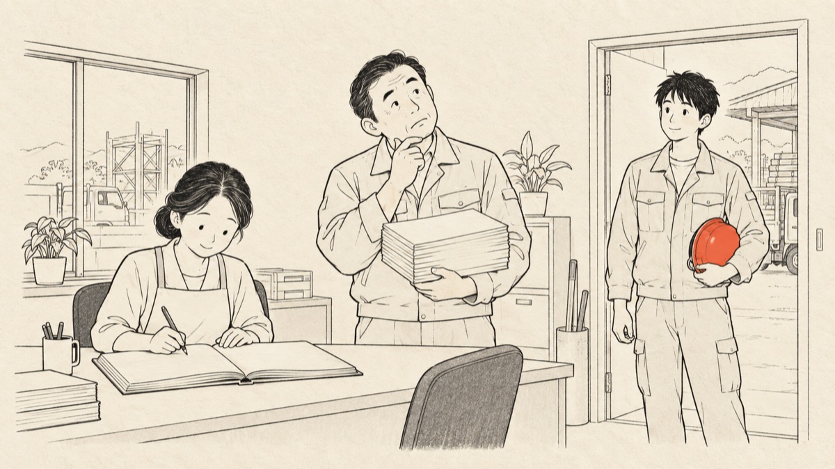 同居の家族を雇う建設会社の事務所で、帳簿をつける妻と作業着の息子を前に、社長が書類を手に考え込む場面