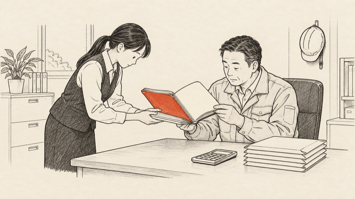 事務員が辞める前に、手書きのノートと出面表を社長に引き継ぐ内装会社の事務所