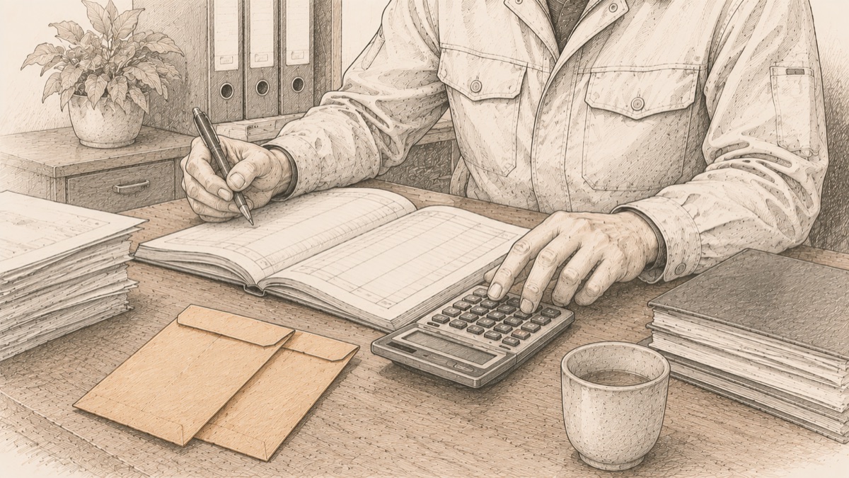 給料袋と電卓を前に賃金計算をする社長の手元のイメージ図