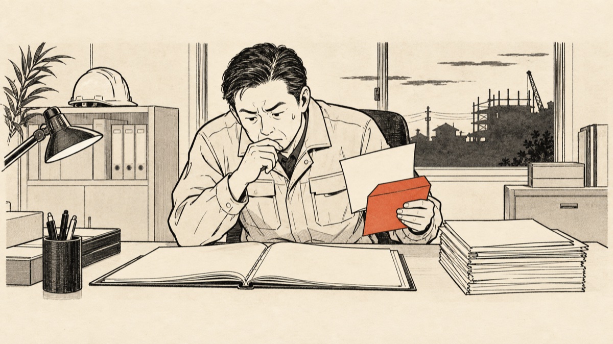 労基署から届いた封書を開き、出面帳と作業日報を前に考え込む建設会社の社長