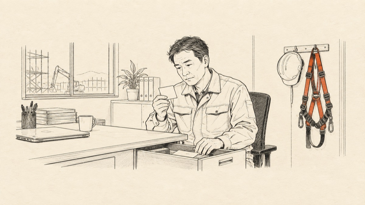 事務所の机の引き出しの奥から、職人時代の修了証を取り出して見つめる建設会社の社長のイメージ図