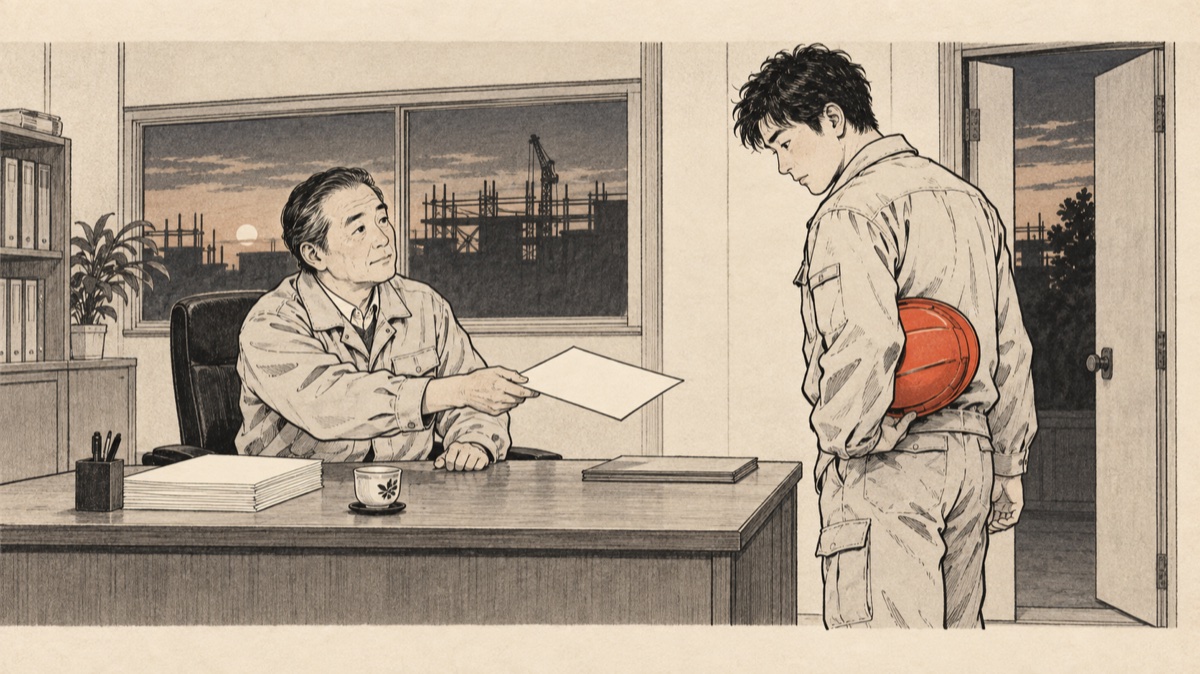 加入を嫌がる職人に、社長が1枚の比較表を差し出す事務所の場面