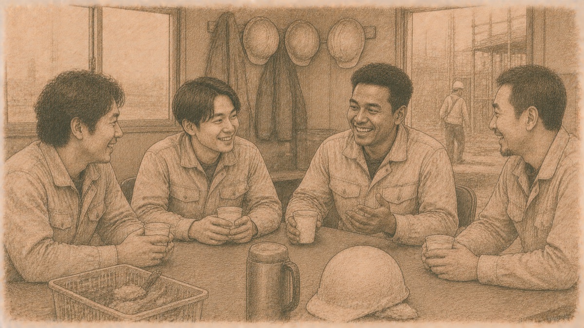 休憩所でお茶を飲みながら談笑する外国人職人と仲間のイメージ図