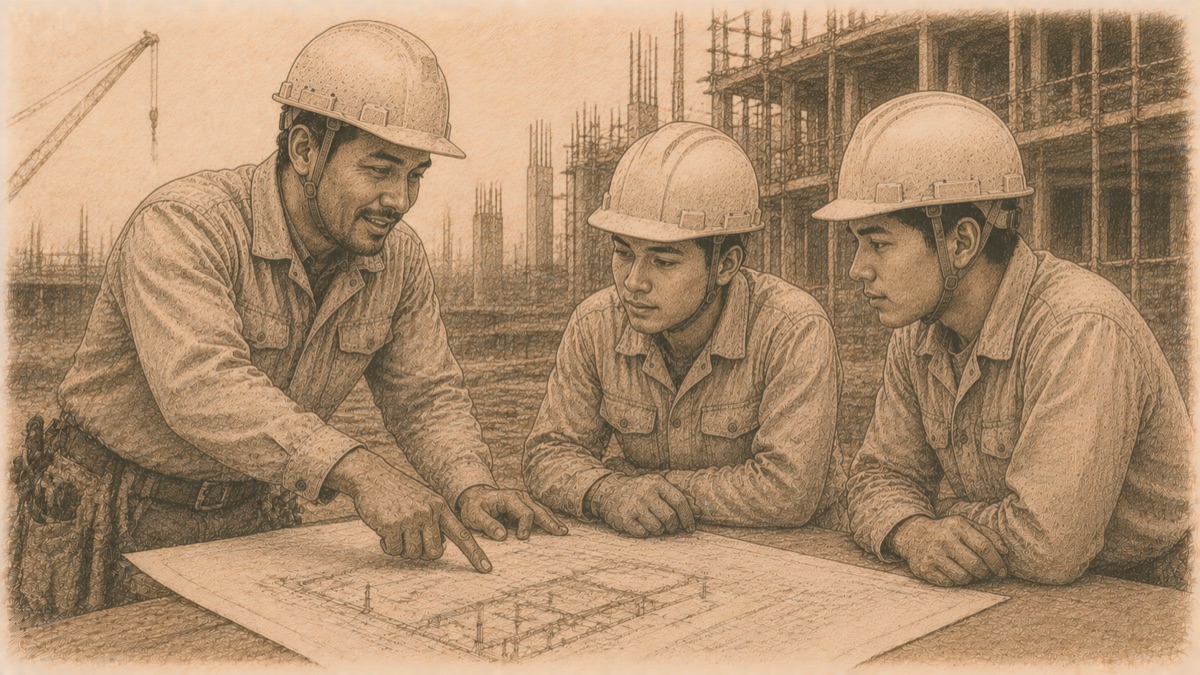 熟練の外国人職人が若手に技を教えるイメージ図