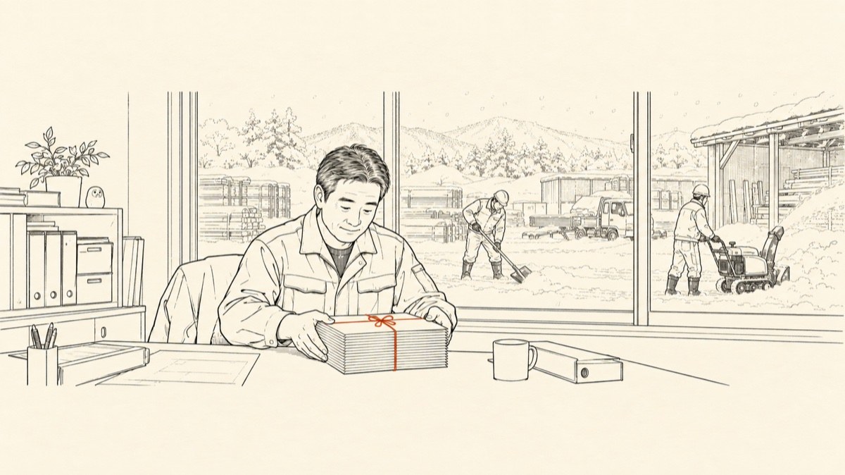 窓の外で職人が除雪を続ける冬の事務所で、通年雇用届の書類をそろえる雪国の建設会社の社長