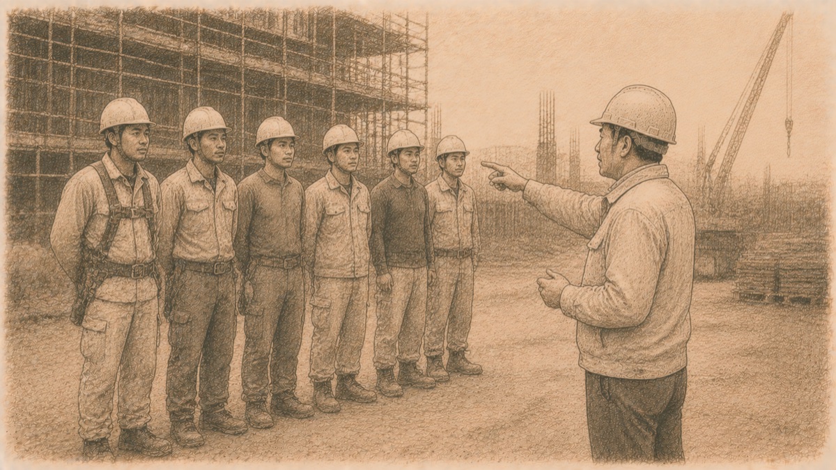 現場の前で職人の人数を数える社長のイメージ図