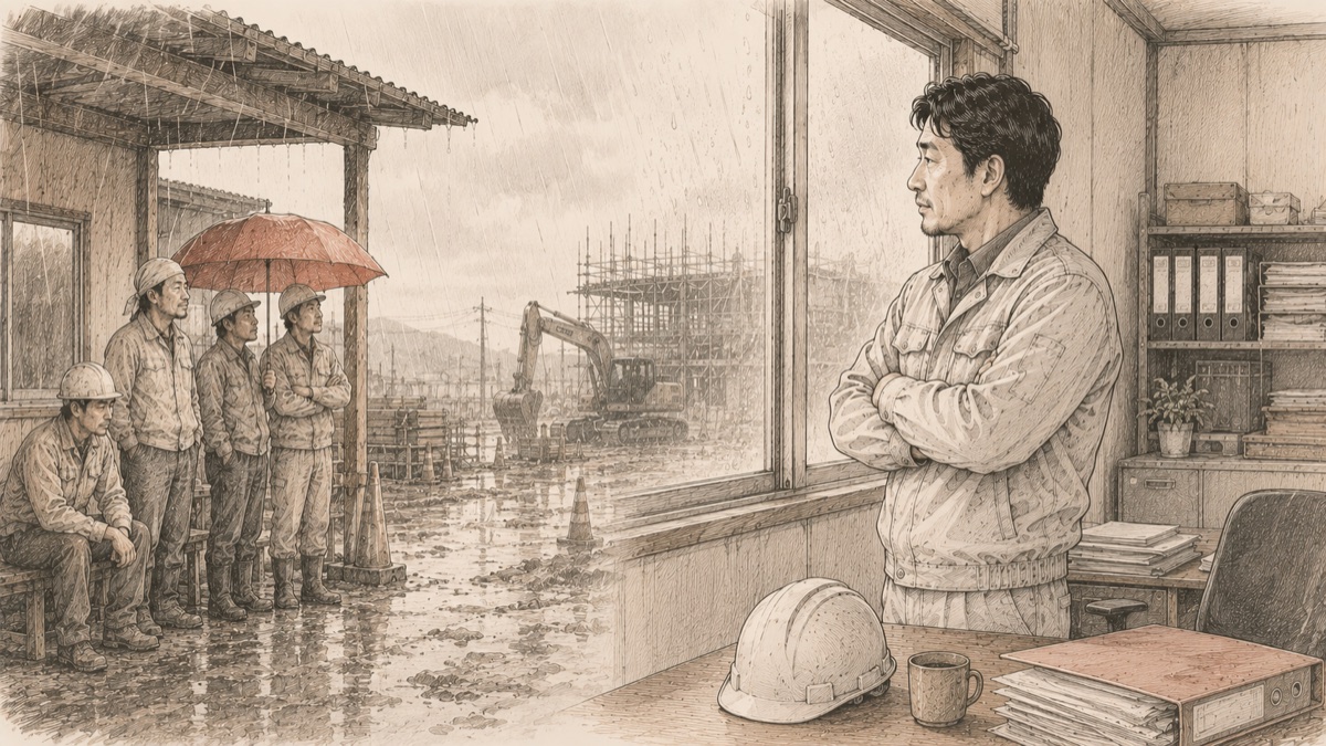 雨で現場が休みになった朝の事務所と職人たちのイメージ図