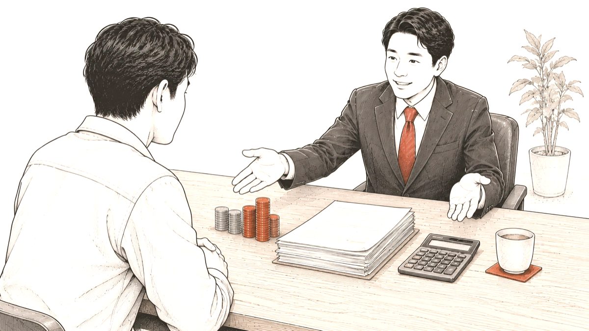 机の上にコインと書類と電卓をすべて並べて開示しているイラスト