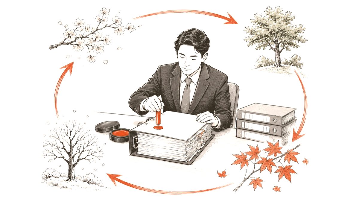 就業規則の書類を社労士が朱印と共に更新し続ける循環のイラスト