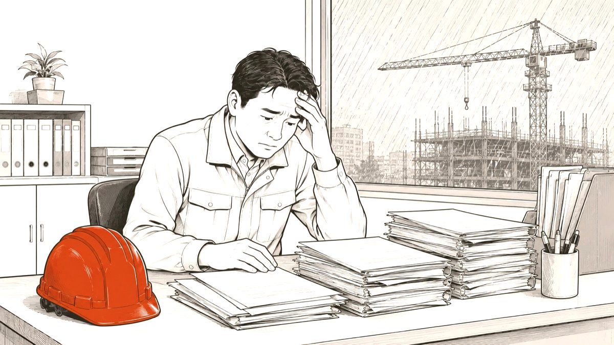 雨の建設現場を横目に、事務所で書類の束を前に頭を抱える社長のイラスト