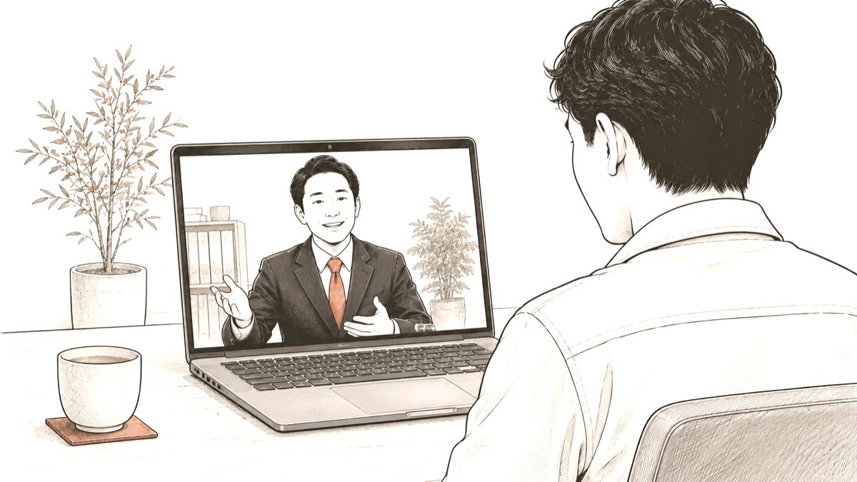 ノートパソコンの画面越しに社労士と会社の社長がオンラインで相談しているイラスト
